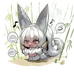 1girl :d absurdly_long_hair animal_ear_fluff animal_ears bamboo bamboo_shoot barefoot bowl chibi chibi_only commentary_request eighth_note fang fox_ears fox_girl fox_tail hair_between_eyes happy highres holding japanese_clothes kimono long_hair long_sleeves musical_note obi open_mouth original plate ponytail red_eyes rice rice_bowl running sash smile solo spoken_food tail very_long_hair white_background white_hair white_kimono wide_sleeves yuuji_(yukimimi)