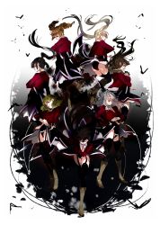 6+girls asmodeus_(umineko) ass beelzebub_(umineko) belphegor_(umineko) black_hair black_legwear blonde_hair boots brown_hair drill_hair closed_eyes garter_straps green_hair hand_on_own_hip highres leotard leviathan_(umineko) lucifer_(umineko) mammon_(umineko) multiple_girls necktie ponytail red_eyes satan_(umineko) smile sofy stakes_of_purgatory thighhighs twin_drills twintails umineko_no_naku_koro_ni white_hair