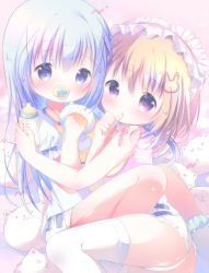 &gt;_&lt; 2girls :o aged_down angora_rabbit animal baby_bottle bare_arms bare_shoulders bib blue_eyes blue_hair blush bottle rabbit_hair_ornament child commentary_request diaper closed_eyes gochuumon_wa_usagi_desu_ka? hair_ornament hoto_cocoa kafuu_chino knees_up light_brown_hair long_hair multiple_girls pacifier parted_lips pink_shirt puffy_short_sleeves puffy_sleeves purple_eyes rabbit rin_(fuwarin) shirt short_sleeves sleeveless sleeveless_shirt thighhighs tippy_(gochiusa) very_long_hair white_legwear white_shirt