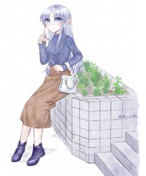 1girl 37kuki770 artist_name bag blue_eyes blue_hair blue_sweater blush bracelet braid breasts brown_nails brown_skirt casual chinese_commentary commentary_request contemporary fate/grand_order fate/stay_night fate_(series) fingernails full_body grabbing_own_hair grass jewelry long_fingernails long_hair long_skirt long_sleeves looking_at_viewer medea_(caster)_(fate) medea_(fate) mixed-language_commentary parted_lips pointy_ears purple_shoes shoes shoulder_bag side_braid sitting skirt solo stairs sweater three_quarter_view turtleneck turtleneck_sweater variant_set white_background white_bag