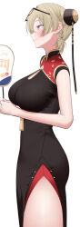 1girl black_dress braid breasts china_dress chinese_clothes cowboy_shot dress eyewear_on_head from_side hand_fan highres holding holding_fan kikata_(hata_nanokana) large_breasts pelvic_curtain purple_eyes side_braid simple_background sleeveless sleeveless_dress smile solo sweety_(zenless_zone_zero) tinted_eyewear tuanshan white_background yellow-tinted_eyewear zenless_zone_zero