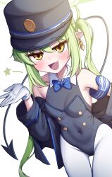 1girl :d absurdres adapted_costume armband black_leotard black_tail blue_archive blue_armband blue_bow blue_bowtie blush bodysuit bow bowtie breasts colored_eyelashes covered_navel cowboy_shot demon_tail detached_collar earrings fang gloves gluteal_fold green_hair green_halo halo hat highres jacket jacket_partially_removed jewelry leotard loli long_hair long_sleeves looking_at_viewer metaljelly nozomi_(blue_archive) open_mouth pantyhose peaked_cap playboy_bunny pointy_ears simple_background sleeveless sleeveless_bodysuit small_breasts smile solo star_(symbol) tail tsurime twintails very_long_hair white_background white_gloves white_pantyhose yellow_eyes