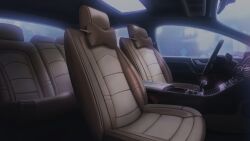 blurry bokeh car car_interior car_seat dark depth_of_field dim_lighting from_side highres moonlight motor_vehicle night no_humans non-web_source official_art our_life:_beginnings_and_always pillow rain scenery skylight wheel window_light