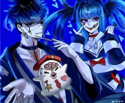 Rule 34 | 1boy, 1girl, amemiya darumi, black hair, blue background, blue hair, bow, brain, closed mouth, cuts, eyelashes, eyepatch, face piercing, fingernails, hands up, heart, holding, holding knife, holding scalpel, holding weapon, injury, japanese clothes, knife, lip piercing, long hair, long sleeves, makeup, mascot, multicolored hair, necktie, nigou (hundred line), ocllar, omokage yugamu, one eye covered, open mouth, piercing, pink eyes, red bow, runny makeup, safety pin, simple background, smile, star (symbol), stitches, the hundred line -last defense academy-, twintails, upper body, weapon