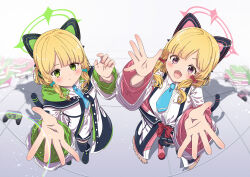 Rule 34 | 2girls, absurdres, animal ear headphones, animal ears, aqua necktie, arms up, black boots, black jacket, black shorts, black skirt, black thighhighs, blonde hair, blue archive, blunt bangs, blurry, blurry background, blush, book, book stack, boots, bow, breasts, buttons, cat ear headphones, cat ears, closed mouth, collared shirt, commentary, controller, depth of field, dot nose, dress shirt, fake animal ears, fisheye, frilled jacket, frilled skirt, frills, from above, game controller, green bow, green eyes, green halo, green jacket, hair bow, halo, headphones, highres, hood, hooded jacket, jacket, kakizaki akira, lens flare, light particles, long sleeves, looking at viewer, low-tied sidelocks, midori (blue archive), momoi (blue archive), multicolored jacket, multiple girls, necktie, off shoulder, open clothes, open hand, open hands, open jacket, open mouth, palms, parted bangs, pigeon-toed, pinching gesture, pink boots, pink eyes, pink halo, pink jacket, pleated skirt, reaching, reaching towards viewer, red bow, school uniform, shadow, shirt, short hair, short necktie, short shorts, shorts, siblings, sidelocks, sisters, skirt, smile, spread fingers, standing, suspender skirt, suspenders, teeth, thighhighs, tile floor, tiles, twins, unbuttoned, untucked shirt, upper teeth only, white background, white jacket, white shirt, wide sleeves