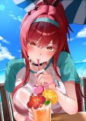 1girl absurdres aqua_hairband beach bikini bikini_under_clothes bikini_visible_through_clothes black_choker blue_sky blush breasts choker cleavage cloud commentary_request crazy_straw cup drinking drinking_glass drinking_straw flower food fruit glass goddess_of_victory:_nikke green_hairband hairband halterneck heart_straw hibiscus highres large_breasts long_hair looking_at_viewer nigi_(ngmnoym) official_alternate_costume official_alternate_hair_color orange_(fruit) orange_slice outdoors ponytail raglan_sleeves rapi_(nikke) rapi_(red_hood)_(nikke) rapi_(red_hood)_(red_flavor)_(nikke) red_bikini red_eyes red_hair see-through_clothes see-through_shirt shared_straw shirt sky solo sweat sweatdrop swimsuit table umbrella upper_body wet wet_clothes wet_shirt white_shirt