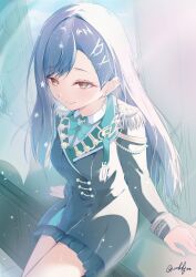 1girl absurdres aqua_bow black_jacket black_skirt blue_hair bow bowtie breasts brown_eyes closed_mouth collared_shirt epaulettes green_bow hair_ornament hairclip highres jacket long_hair long_sleeves medium_breasts oekkjan piercing pleated_skirt project_sekai shiraishi_an shirt signature sitting skirt smile solo white_shirt
