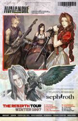 Rule 34 | 2boys, 2girls, absurdres, aerith gainsborough, armor, baggy pants, bangle, bare shoulders, black bra, black coat, black gloves, black hair, black pants, black skirt, black wings, blonde hair, bra, bracelet, braid, braided ponytail, brown hair, buster sword, chest strap, closed mouth, cloud strife, coat, concert, cowboy shot, crop top, cropped jacket, dress, drum, drumsticks, elbow gloves, feathered wings, final fantasy, final fantasy vii, final fantasy vii rebirth, final fantasy vii remake, gloves, grey hair, guitar, hair ribbon, highres, holding, holding drumsticks, holding guitar, holding instrument, holding microphone, holding microphone stand, instrument, jacket, jewelry, long bangs, long coat, long dress, long hair, microphone, microphone stand, midriff, multiple boys, multiple girls, music, original, pants, parted bangs, parted lips, pauldrons, playing guitar, playing instrument, poster (object), red jacket, ribbon, sephiroth, shirt, short hair, shoulder armor, sidelocks, single braid, single pauldron, single wing, skirt, sleeveless, sleeveless turtleneck, spiked hair, sports bra, subakeye, suspenders, tifa lockhart, turtleneck, underwear, upper body, white shirt, wings