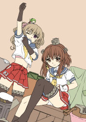 2girls acea4 black_gloves black_thighhighs brown_hair gloves kantai_collection medium_hair miniskirt multiple_girls one_eye_closed original panties pantyshot personification red_skirt rocs_tan_yang school_uniform sitting skirt tan_yang_(kancolle) thighhighs thighhighs_pull underwear xin_yang_(kancolle) yukikaze_(azur_lane) yukikaze_(kancolle)