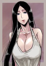 1girl anno_im bare_shoulders black_hair bleach bleach:_sennen_kessen-hen breasts collarbone female_focus hair_down large_breasts lips long_hair looking_at_viewer scar scar_on_chest shiny_skin tank_top unohana_retsu upper_body