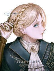 1girl ascot blonde_hair blue_eyes braid commission duchess_(elden_ring) elden_ring elden_ring_nightreign gem gloves highres long_hair rashuu simple_background solo white_ascot white_background white_gloves