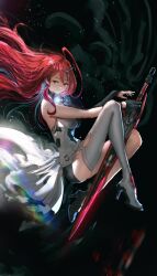 1girl absurdres advarcher ahoge black_gloves blue_fire blue_hair closed_mouth earrings elizabeth_rose_bloodflame elizabeth_rose_bloodflame_(1st_costume) fire fire_on_chest gloves gradient_hair highres hololive hololive_english huge_ahoge jewelry multicolored_hair red_eyes red_hair single_glove single_thighhigh smile solo sword thighhighs thorn_(elizabeth_rose_bloodflame) weapon white_thighhighs