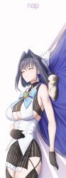 1girl absurdres baby_animal black_gloves black_hair black_skirt black_thighhighs blue_bow blue_gemstone bow bow_earrings breasts cat closed_eyes closed_mouth clothing_cutout earrings gem gloves hair_intakes heart-shaped_gem highres hololive hololive_english jewelry kitten large_breasts lying medium_hair on_back ouro_kronii ouro_kronii_(1st_costume) shirt siamese_cat skirt sleeping solo thighhighs underboob_cutout virtual_youtuber white_background white_shirt zenya