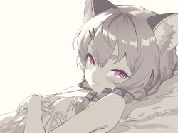 1girl animal_ear_fluff babydoll bare_shoulders braid commentary english_commentary fangs greyscale highres komachi_panko long_hair looking_at_viewer lying monochrome on_back phase_connect pink_eyes red_panda_ears red_panda_girl simple_background skin_fangs solo spot_color sunset_skyline third-party_source twin_braids virtual_youtuber white_background