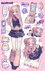 1girl absurdres animal bead_bracelet beads black_bow black_jacket black_shoes black_skirt black_vest blushbunny border bow bracelet buttons cat cellphone chibi chinese_commentary closed_mouth clothed_animal commentary_request eyelashes flip_phone fourth_wall frilled_bow frilled_shirt frilled_skirt frilled_vest frills full_body fur-trimmed_jacket fur-trimmed_sleeves fur_trim gyaru hair_ornament hair_scrunchie hairclip hand_on_own_chin hands_on_own_cheeks hands_on_own_face happy head_only highres holding holding_phone infinity_nikki jacket jewelry leg_up leg_warmers long_hair long_sleeves looking_at_viewer lying maomao_dawang miniskirt momo_(nikki) multicolored_hair multiple_views necktie nikki_(series) on_stomach one_eye_closed open_mouth outside_border parallel_hairclips phone pink_arm_warmers pink_border pink_eyes pink_hair pink_leg_warmers pink_necktie pink_shirt plaid_clothes plaid_necktie plaid_skirt platform_shoes pleated_skirt puffy_short_sleeves puffy_sleeves rabbit rainbow_hair_ornament rosie_sweetheart_(infinity_nikki) sample_watermark scrunchie shirt shoes short_sleeves sidelocks skirt sleeves_past_wrists smile social_media_composition speech_bubble split-color_hair star_(symbol) star_hair_ornament sunglasses tie_clip translation_request two_side_up v vest waist_bow watermark whimstar_(infinity_nikki) white_background white_cat white_scrunchie x_hair_ornament y2k_fashion yarn