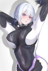 Rule 34 | 1girl, absurdres, alternate costume, arm behind head, arm up, blush, breasts, covered navel, elloinoire, feet out of frame, girls&#039; frontline, grey hair, highres, large breasts, long sleeves, looking at viewer, mecha pilot suit, medium hair, open mouth, plugsuit (evangelion), purple eyes, rpk-16 (girls&#039; frontline), shadow, simple background, solo, standing, tight clothes, two-tone bodysuit, white background
