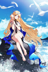 1girl absurdres bare_legs barefoot black_collar blonde_hair blue_eyes blue_sky breasts brill_p cartethyia_(wuthering_waves) collar commentary crown_of_thorns day earrings feet highres holding holding_shell jewelry legs long_hair outdoors parted_bangs parted_lips pointy_ears shell sky small_breasts smile solo tabard tacet_mark_(wuthering_waves) thighs toenails toes very_long_hair white_tabard wuthering_waves