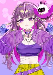 1girl absurdres belt bird blue_wings blush breasts choker cleavage closed_mouth colored_inner_hair commentary_request cowboy_shot detached_wings earrings fang feathered_wings fingernails four-finger_heart_hands fur_sleeves hair_ornament hairclip heart heart_hands heart_necklace highres jewelry long_hair looking_at_viewer medium_breasts midriff multicolored_hair nanashi_inc. navel necklace purple_background purple_belt purple_choker purple_eyes purple_hair purple_nails purple_sleeves purple_sports_bra skin_fang skirt smile solo sports_bra tamotsu_(mary) uruwashi_ririri virtual_youtuber wings x_hair_ornament yellow_skirt