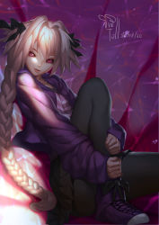 Rule 34 | 1boy, absurdres, astolfo (fate), black bow, black pantyhose, black skirt, bow, braid, closed mouth, collarbone, commentary, dated, eyelashes, fate/apocrypha, fate/grand order, fate (series), hair between eyes, hair bow, hair intakes, highres, hood, hood down, hooded jacket, hugging own legs, jacket, knee up, lips, long hair, long sleeves, looking at viewer, looking to the side, male focus, miniskirt, multicolored hair, official alternate costume, open clothes, open jacket, pantyhose, pink hair, pleated skirt, purple eyes, purple jacket, purple shirt, purple shoes, reclining, shirt, shoes, signature, single braid, sitting, skirt, sleeves past wrists, smile, sneakers, solo, streaked hair, striped clothes, striped shirt, tollrin-senpai, trap, two-tone hair, v-neck, very long hair, white hair