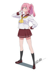 Rule 34 | 1girl, amaori haruna, artist name, black socks, blush, bottle, clenched hand, commentary request, drinking, full body, hand on own hip, highres, holding, holding bottle, ishii hisao, kneehighs, loafers, looking ahead, milk, milk bottle, neckerchief, pink eyes, pink hair, pleated skirt, ponytail, red sailor collar, red skirt, sailor collar, school uniform, serafuku, shirt, shoes, signature, simple background, skirt, socks, solo, standing, watashi ga koibito ni nareru wake naijan murimuri!, white background, white shirt, yellow neckerchief