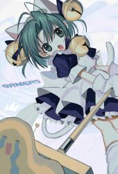 1girl animal_ears animal_hat apron bell black_dress broom cat_ears cat_hat cat_tail crying_emoji dejiko di_gi_charat dress emoji english_text fake_tail fang gloves green_eyes green_hair hair_bell hair_intakes hair_ornament hat highres holding holding_broom jingle_bell maid maid_apron open_mouth pepeppepe101 short_hair socks solo tail white_background white_gloves white_socks