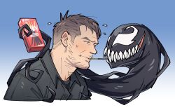 Rule 34 | 2boys, black shirt, black skin, blue eyes, blush, box, brown hair, buttons, candy, closed mouth, collared shirt, colored skin, commentary, english commentary, facial hair, flying sweatdrops, food, food in mouth, grin, highres, kalamari, male focus, marvel, multiple boys, no pupils, pocky, pocky kiss, profile, shared food, sharp teeth, shirt, short hair, smile, sweat, sweatdrop, symbiote, teeth, upper body, venom (marvel), white eyes, wing collar, yaoi