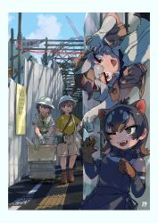 1boy 3girls :3 alternate_costume apron bare_shoulders baweng_satanic_leaf_gecko_(kemono_friends) black_apron black_bow black_bowtie black_hair black_shirt black_sleeves black_socks boots bow bowtie brown_eyes brown_gloves brown_hair brown_shorts captain_(kemono_friends) casual claw_pose collared_shirt detached_sleeves elbow_gloves fangs frilled_apron frills gloves green_shirt grey_shorts hair_between_eyes helmet highres jacket kemono_friends kemono_friends_3 multicolored_hair multiple_girls multiple_persona open_clothes open_jacket open_mouth orange_boots pith_helmet print_shirt reptile_girl safari_jacket shirt short_hair short_sleeves shorts sidelocks smile socks t-shirt tasmanian_devil_(kemono_friends) tasmanian_devil_ears tasmanian_devil_tail toki_reatle two-tone_shirt upside-down white_gloves white_hair white_shirt yellow_shirt