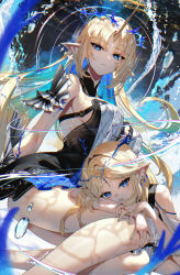 2girls bare_shoulders black_collar black_dress blonde_hair blue_eyes blue_hair breasts cartethyia_(wuthering_waves) collar colored_inner_hair commentary crown_of_thorns dress dual_persona earrings english_commentary fleurdelys_(wuthering_waves) floating_earrings highres horns jewelry large_breasts legs long_hair long_horns looking_at_viewer multicolored_hair multiple_girls pointy_ears scottie_(phantom2) sidelocks single_horn tabard tacet_mark_(wuthering_waves) thighs very_long_hair white_tabard wuthering_waves yellow_horns
