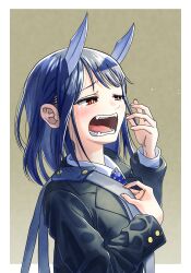 1girl aoki_ruri black_jacket blazer blue_hair blue_necktie border brown_background collared_shirt dragon_girl dragon_horns fangs fwkz5757 highres horns jacket long_hair long_sleeves necktie open_mouth orange_eyes polka_dot_necktie ruri_dragon school_uniform shirt slit_pupils solo tearing_up upper_body white_border white_shirt yawning