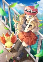 1girl against_fence blonde_hair blue_eyes closed_mouth cloud collared_shirt commentary_request day eyelashes eyewear_on_headwear falling_leaves fence fennekin gen_6_pokemon hand_up hat leaf long_hair nintendo outdoors pink_hat pleated_skirt pokemon pokemon_(creature) pokemon_xy serena_(pokemon) shirt shoes skirt sky standing sunglasses thighhighs watermark yomogi_(black-elf)