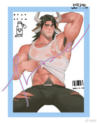 1boy abs alternate_facial_hair animal_ears arknights armpit_hair armpits bara bare_arms bare_pectorals bare_shoulders beard black_pants bottle brown_eyes brown_hair cow_boy cow_ears cow_horns excessive_pubic_hair facial_hair frde fur highres horns large_pectorals looking_at_viewer male_focus male_pubic_hair matterhorn_(arknights) mature_male medium_hair milk_bottle muscular muscular_male navel navel_hair nipples open_fly open_pants pants pectorals presenting pubic_hair see-through_clothes sethseth shirt simple_background solo spread_legs stomach stubble tank_top thick_thighs thighs torn_clothes torn_pants torn_shirt wet wet_clothes wet_shirt white_background white_tank_top
