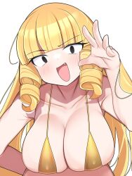 1girl bikini black_eyes blonde_hair blunt_bangs blush breasts cleavage drill_hair drill_sidelocks fang gold_bikini hand_on_own_hip kaneda_mochiko large_breasts leaning_forward long_hair mount_celeb_kaneda-san open_mouth sidelocks solo sousakuganba_ru swimsuit white_background