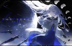 1girl absurdres black_border black_gloves blue_dress blue_eyes blunt_bangs blurry border closed_mouth commentary depth_of_field dress english_commentary english_text expressionless floating floating_hair gloves grey_hair hair_between_eyes highres lens_flare long_hair long_sleeves looking_at_viewer miracle_7y moon_phases original planet ribbon scenery solo space title very_long_hair white_hair