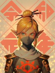 1boy alternate_costume bellhenge blonde_hair blue_eyes cosplay earrings eye_print hair_bun jewelry link long_sleeves mask mouth_mask nintendo non-web_source pointy_ears scarf sheik sheik_(cosplay) short_hair solo the_legend_of_zelda the_legend_of_zelda:_breath_of_the_wild upper_body