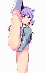 1girl ass boots breasts flexible fumiki_rikiya gloves hairband highleg highleg_leotard highres leg_lift leg_up leotard light_blush light_purple_hair long_hair looking_at_viewer lou_roux purple_hair shinkon_gattai_godannar!! shiny_clothes shiny_skin simple_background skin_tight small_breasts solo thong_leotard white_background