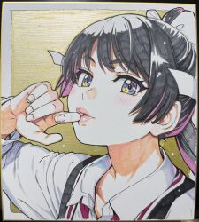Rule 34 | 1girl, arm up, black hair, blue eyes, blush, blushing female, colorized, gold background, high ponytail, highres, kiritani konome, lips, lipstick, long hair, looking at viewer, makeup, multicolored eyes, open mouth, pisu hame, ponytail, ribbon, shikishi, shirt, shiwasu no okina, tagme, traditional media, visible ears, white ribbon, white shirt, yellow background