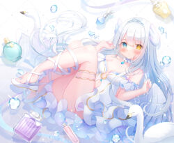 1girl ankle_lace-up bare_shoulders bird blue_eyes blue_nails blush bottle breasts choker commentary detached_sleeves dress fake_head_wings falling flats frilled_choker frilled_dress frills full_body heterochromia looking_at_viewer medium_breasts nail_polish omochi_monaka original pendant_choker perfume_bottle ribbon shoes short_sleeves solo strapless strapless_dress swan thigh_strap tiara tile_wall tiles twitter_username water_drop white_choker white_dress white_hair white_ribbon white_shoes white_sleeves yellow_eyes