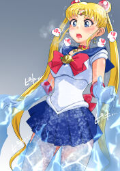 bishoujo_senshi_sailor_moon blonde_hair blue_eyes blue_skirt blush bow breasts chest_bow choker crescent_choker elbow_gloves frozen gloves hair_bun heavy_breathing highres ice japanese_text magical_girl miniskirt open_mouth pleated_skirt sailor_collar sailor_moon skirt sound_effects thighs tsukino_usagi twintails