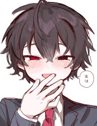 1boy absurdres black_eyes black_jacket blush brown_hair collared_shirt commentary_request hair_between_eyes hand_to_own_mouth heterochromia highres jacket long_sleeves looking_at_viewer male_focus necktie open_mouth original portrait red_eyes red_necktie red_pupils shirt short_hair shou_(uenomigi) simple_background sketch smile solo speech_bubble translated tsurime uenomigi white_background white_shirt