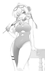 1girl breasts china_dress chinese_clothes cutout_above_navel dbepd dress eyewear_on_head fingerless_gloves gloves greyscale hair_over_one_eye hand_fan highres holding holding_fan monochrome pelvic_curtain simple_background single_fingerless_glove solo sweety_(zenless_zone_zero) white_background zenless_zone_zero