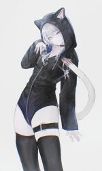 1girl absurdres alternate_costume animal_ear_fluff animal_ears animal_hood belt black_choker black_thighhighs blue_eyes cat_ears cat_girl cat_hood cat_tail choker cipher_(honkai:_star_rail) flippy_(cripine111) grey_hair highres honkai:_star_rail honkai_(series) hood key long_sleeves looking_at_viewer short_hair_with_long_locks simple_background solo standing tail thigh_belt thigh_strap thighhighs white_background zipper_pull_tab