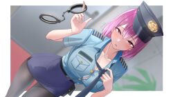 Rule 34 | 1girl, absurdres, belt, black belt, black hat, black necktie, black pantyhose, blue shirt, breast pocket, breasts, buttons, cleavage, collarbone, collared shirt, commission, cuffs, hamigaki (hikaruyusi), handcuffs, hat, highres, indie virtual youtuber, miniskirt, necktie, pantyhose, parted lips, peaked cap, pencil skirt, pocket, police, police uniform, policewoman, purple eyes, purple hair, purple skirt, shirt, skeb commission, skirt, solo, virtual youtuber, yuuri (vtuber)