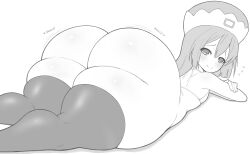 1girl absurdres ass bikini bikini_top_only blush breasts flat_chest hat highres kyojiri_loli long_hair looking_at_viewer looking_back lying ass monochrome motion_lines neptune_(series) on_stomach ram_(neptunia) sketch small_breasts smile solo swimsuit thanuki thick_thighs thighhighs thighs white_background
