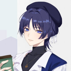 Rule 34 | 1boy, alternate costume, beret, black hair, black hat, black shirt, black undershirt, blue pupils, blue shawl, blunt ends, casual, collared shirt, contemporary, covered collarbone, cup, disposable coffee cup, disposable cup, eyeliner, eyeshadow, genshin impact, gold necklace, hag (hag 015), hair intakes, hat, highres, holding, holding cup, jewelry, looking at viewer, makeup, male focus, necklace, official alternate costume, parted bangs, parted lips, pink lips, portrait, purple eyes, red eyeliner, red eyeshadow, scaramouche (genshin impact), shawl, shirt, shoulder peek, simple background, solo, tsurime, turtleneck, turtleneck shirt, wanderer (genshin impact), wanderer (wanderer impression) (genshin impact), white mouth, white shirt, wispy bangs