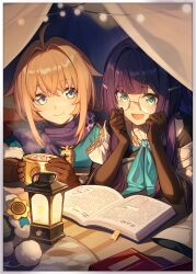 2girls :d ahoge black_gloves blonde_hair blue_eyes blue_neckerchief book bookmark border crossed_bangs cup elbow_gloves elbow_rest glasses gloves hair_intakes highres honkai:_star_rail honkai_(series) lamp long_hair looking_at_another lying lynx_landau medium_hair mug multiple_girls neckerchief official_art on_stomach open_book open_mouth pela_(honkai:_star_rail) purple_scarf round_eyewear scarf smile third-party_source upper_body white_border