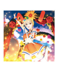 1girl artbook blonde_hair cheerleader flower hair_ornament hairclip highres jewelry love_live! love_live!_nijigasaki_high_school_idol_club medium_hair miyashita_ai necklace non-web_source official_art orange_eyes orange_skirt pom_pom_(cheerleading) saiko_heart_(love_live!) side_ponytail sidelocks skirt solo thighhighs
