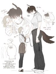 Rule 34 | 0820 lakia, 2girls, animal ears, apron, blonde hair, brown apron, brown hair, commentary request, dog ears, dog girl, dog tail, hair over eyes, height difference, highres, holding, holding leash, korean commentary, korean text, leash, licking, licking another&#039;s face, multiple girls, multiple tails, original, shirt, short hair, simple background, standing, tail, tongue, tongue out, translation request, white background, white shirt, yuri