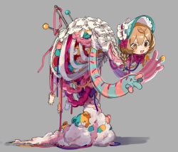 1girl akubimtcat blue_bonnet blush bonnet bow braid brown_hair button_eyes buttons commentary_request exposed_bone frilled_bonnet frills full_body grey_background highres human_head long_neck low_twin_braids mismatched_pupils monster_girl needle open_mouth orange_eyes original ribs sewing_needle sewing_pin simple_background smile solo stuffed_animal stuffed_toy stuffing symbol-shaped_pupils teddy_bear thread twin_braids white_bow x-shaped_pupils