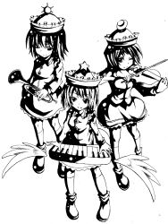 Rule 34 | 3girls, absurdres, bow (music), breasts, closed mouth, collared shirt, crescent, crescent hat ornament, enomushi, full body, greyscale, hat, hat ornament, highres, holding, holding bow (music), holding instrument, holding trumpet, holding violin, instrument, keyboard (instrument), kneehighs, lineart, long sleeves, looking at viewer, lunasa prismriver, lyrica prismriver, medium hair, merlin prismriver, monochrome, multiple girls, open mouth, shirt, shoes, siblings, sisters, skirt, small breasts, socks, star (symbol), star hat ornament, touhou, trumpet, violin