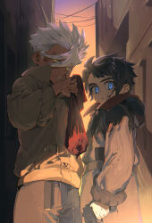 2boys absurdres aged_down alley belt black_hair blood blood_on_clothes blood_on_face brown_jacket building child coat cowboy_shot dark-skinned_male dark_skin finger_on_trigger from_below from_side frown glowing glowing_eyes gradient_sky grey_coat gun gundam gundam_tekketsu_no_orphans hair_between_eyes hand_up handgun highres holding holding_gun holding_sack holding_weapon hood hood_down hooded_coat jacket long_sleeves looking_at_viewer looking_down looking_to_the_side male_focus mikazuki_augus multiple_boys nosebleed orga_itsuka outdoors power_lines sack short_hair sky sumooo_(ga_ilil) twilight weapon white_hair wiping_blood wiping_nose yellow_eyes